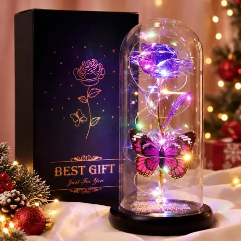 DEEMEI Eternal Rose Light Up Flower in Glass Dome with Butterfly USB Charge Artificial Rosa, Birthday Christmas Halloween Gift for Girlfriend Mom Dad