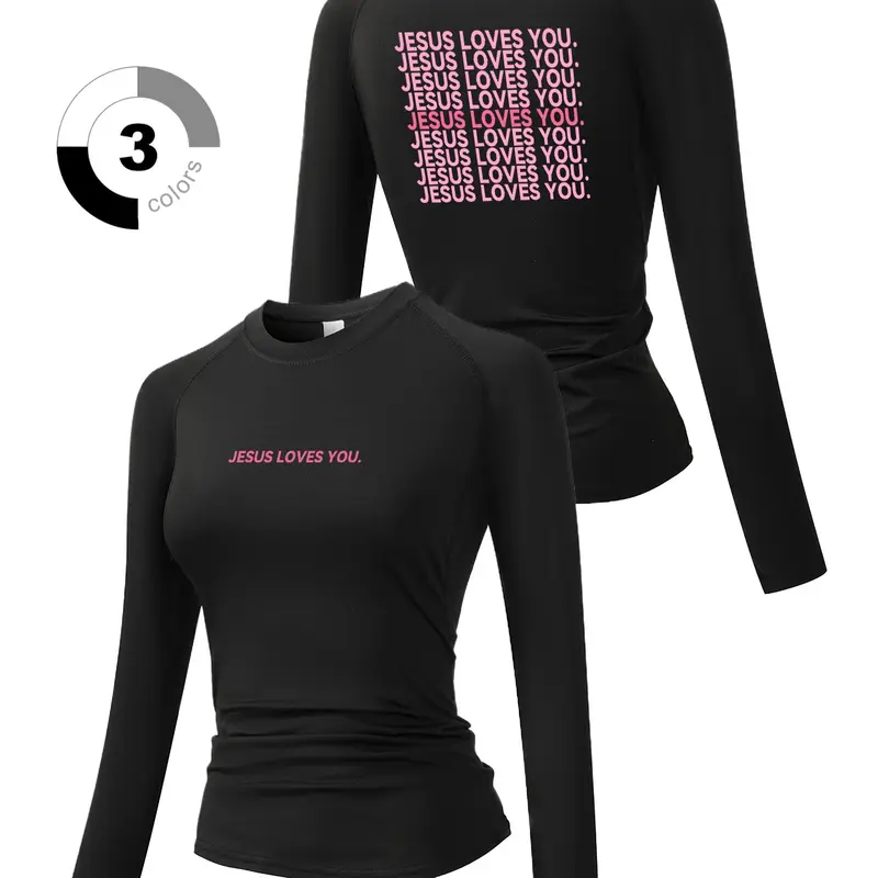 Women's Graphic Print Long Sleeve Sporty Top, Round Neck Quick-Dry Breathable Stretch Workout Shirt, Workout Tops, Yoga Running Fitness Training Gear