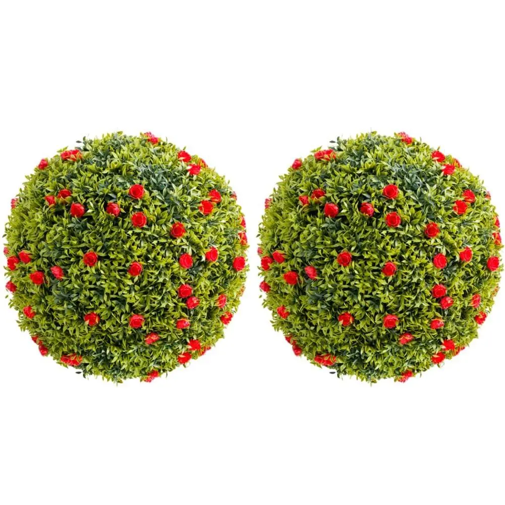 2 Pack 19.7" Artificial Plant Topiary Ball, Lifelike Artificial Plant Ball in Pot, Large Hanging Topiary Balls with Red Flowers, Indoor Outdoor Decorative Fake Greenery Plants for Home, Garden