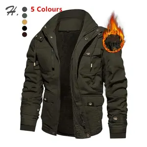 Men's Fleece-Lined Thickened Warm Mid-Length Heavyweight Jacket Casual Workwear Multi-Pocket Zipper Outdoor Detachable Hood Thickened