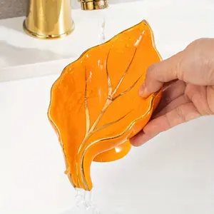 1pc Multifunctional Ceramic Leaf Shaped Soap Dish, Self-Draining Soap Holder with Storage Rack for Bathroom, Creative Soap Tray with Drainage