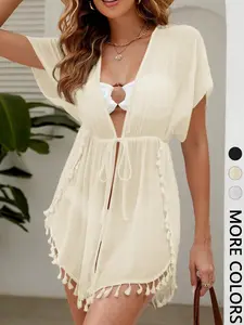 Women's Fringe Hoodie, Thin Sheer Short Sleeve Belted Waist Beach Cover-Up, Loose-Fitting Plain Design, All Seasons Fashion