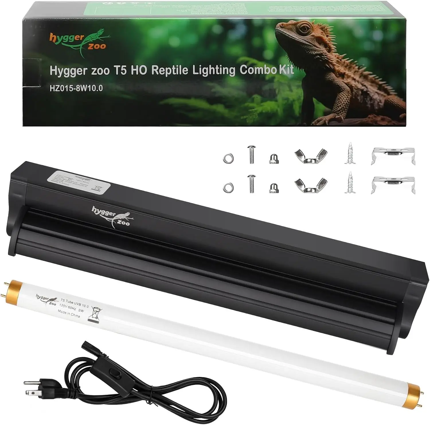 hygger T5 UVB Reptile Light Fixture HO UVB Bulb Lighting Combo Kit, 10.0 UVB Light for Reptiles Terrarium Hood with 8W Reptile Light Bar UVA UVB Desert Lamp for Bearded Dragon Turtle Tank