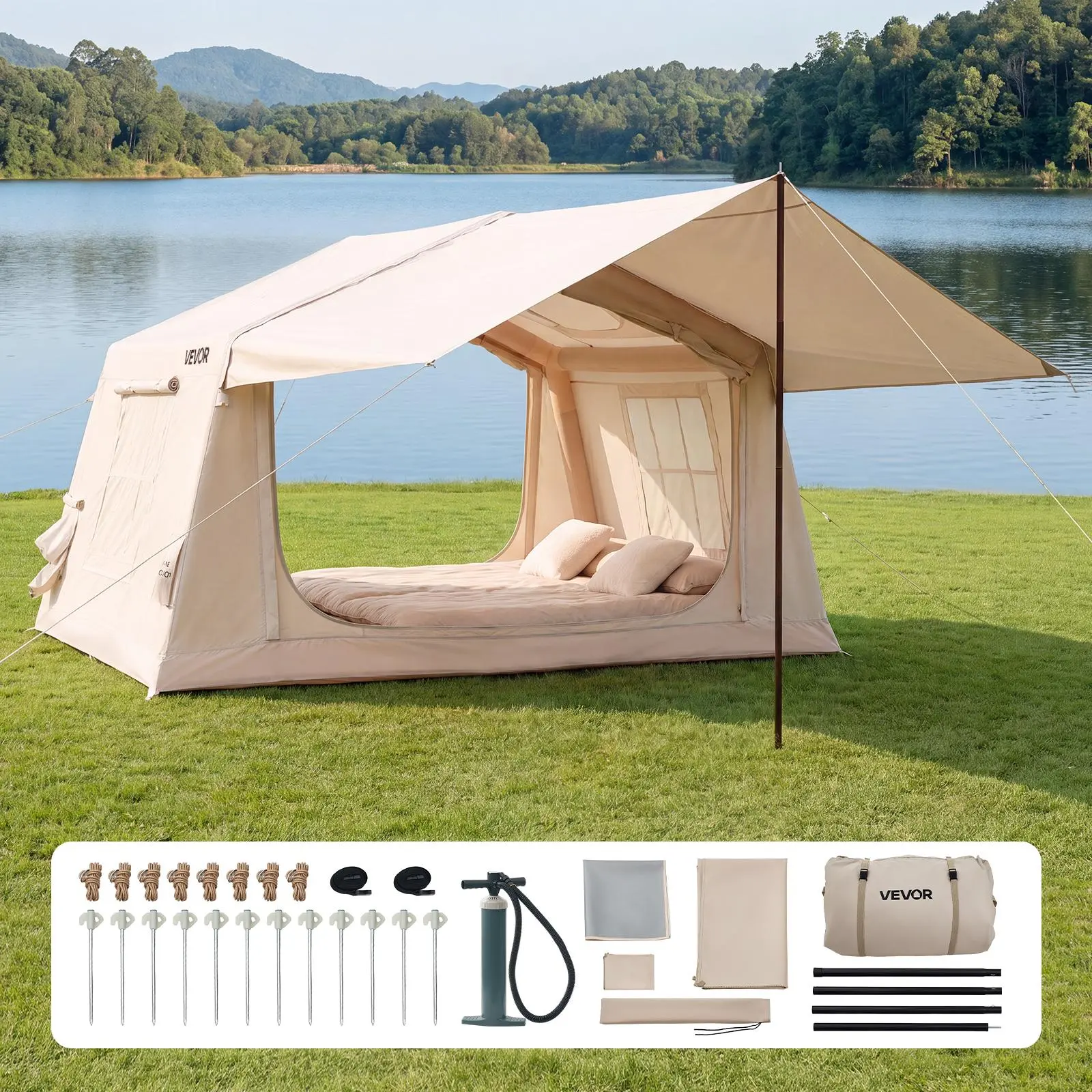 VEVOR Inflatable Outdoor Camping Tent, Family Size 2-4 Person Blow Up Tent with Hand Pump, 420D Oxford Waterproof Air House, Skylight Mesh Windows, Canopy, Stove Jack for Glamping