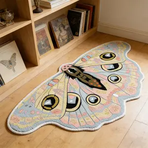 Irregular Shape Bedside Rug, Blue Butterfly Moth Pattern, Soft Velvet Carpet, American Style Home Decor, Bedroom Living Room Kitchen