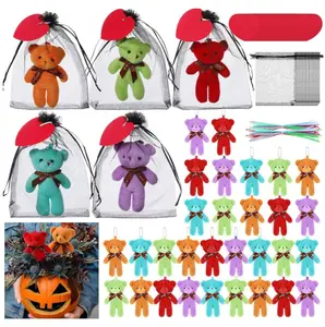 130 Pcs Small Bear Toys Halloween Mini Stuffed Bears Bulk Plush Animal Keychain Toys with Heart Cards Drawstring Organza Bags for Baby Shower Gifts Party Favors Decorations(Bright Colors)
