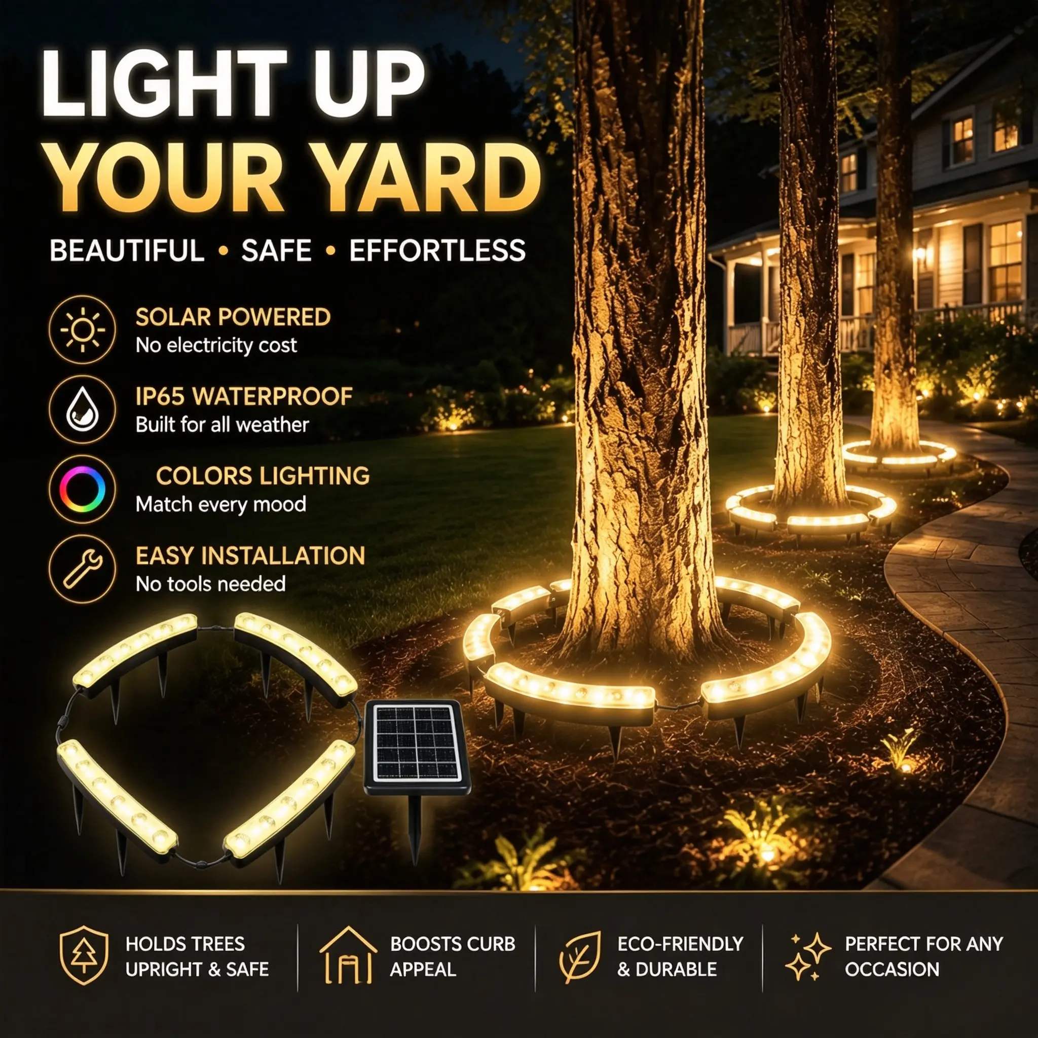 Solar Tree Lights Outdoor, Create Stunning Tree Glow at Night, Ring Uplights for Trees with Warm White & Color Modes, Waterproof Landscape Lighting for Backyard Patio Lawn Garden home Decor, Easy Installation