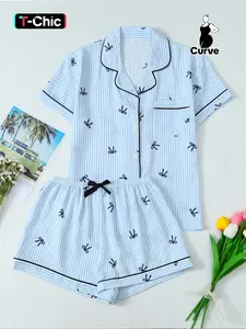 Women's Plus Size Pajama Set, Fitted Nightwear Loungewear Summer Mini Dot Print Short Sleeve Collared Top With Pocket & Bow Shorts Casual Home Wear
