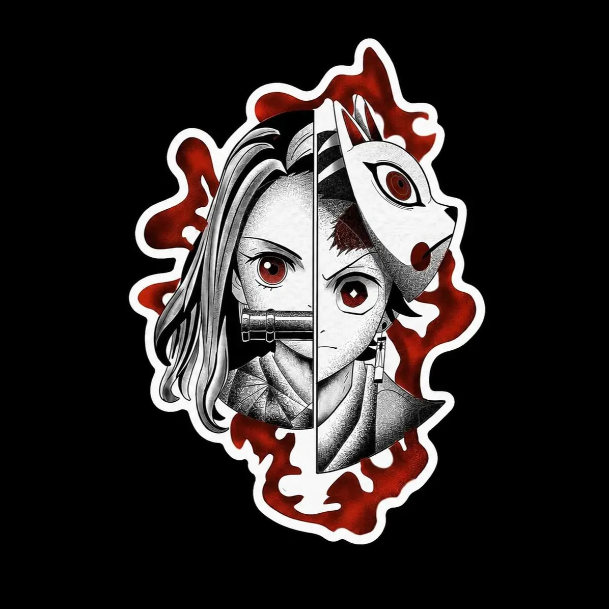 Demon Slayer Tanjiro Kamado and Nezuko Kamado Sticker with Fox Mask and Red Flame Art