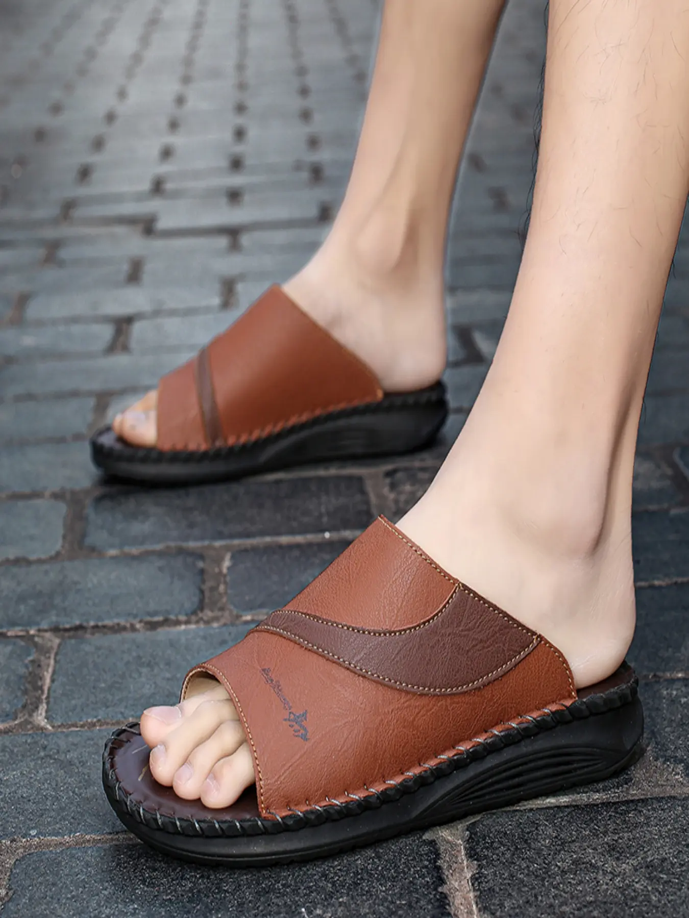 Men's High-Quality Handmade Mesh Leather Casual Slide Sandals, Adjustable Strap Non-Slip Soft Sole Slippers Footwear