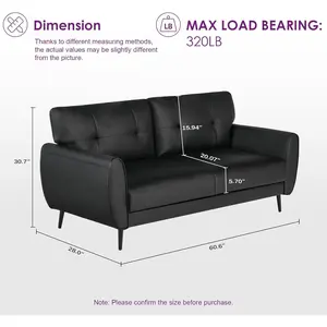 Sofa Couch 61" Small Loveseat Couches for Living Room Leather Couch Mid Century Modern Tufted Mini Sofa Comfy Office 2 Seat Settee Love Seat for Small Spaces Bedroom (2, Black)