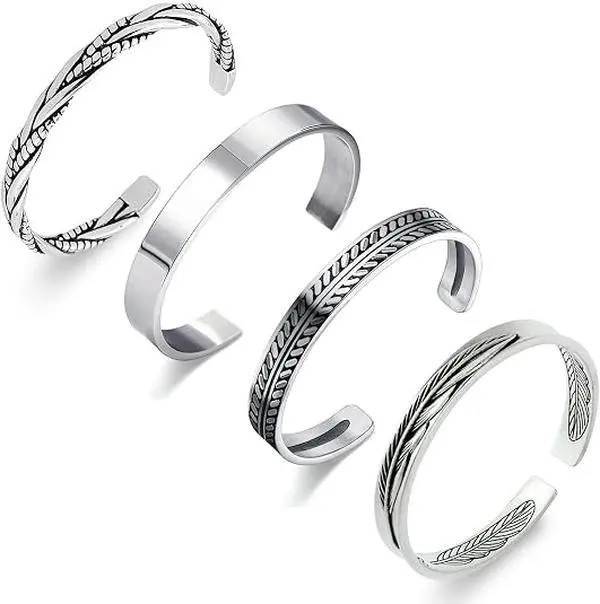 Men's 4-Pack 316 Stainless Steel Open Cuff Bracelet Stacks - Vintage Twist Leaf Motif, Adjustable Neutral-Toned Antitarnish Plated Bangles, Hypoallergenic Men's Jewelry for Boyfriend, Ideal for Daily Wear or Gifting