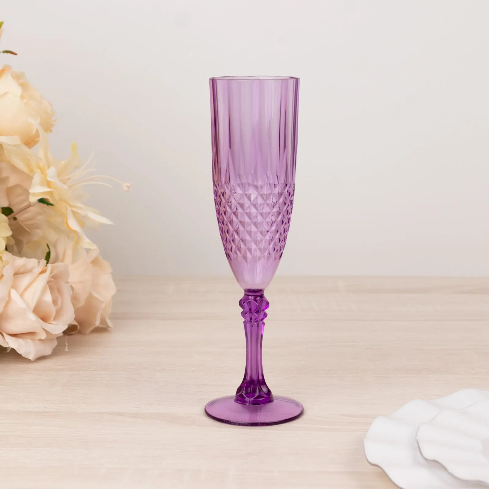 6-Pack Shatterproof Transparent Plastic Champagne Drinking Glasses - 8oz Crystal Cut Style Purple Toast Glasses for Weddings, Glasses For Drinking