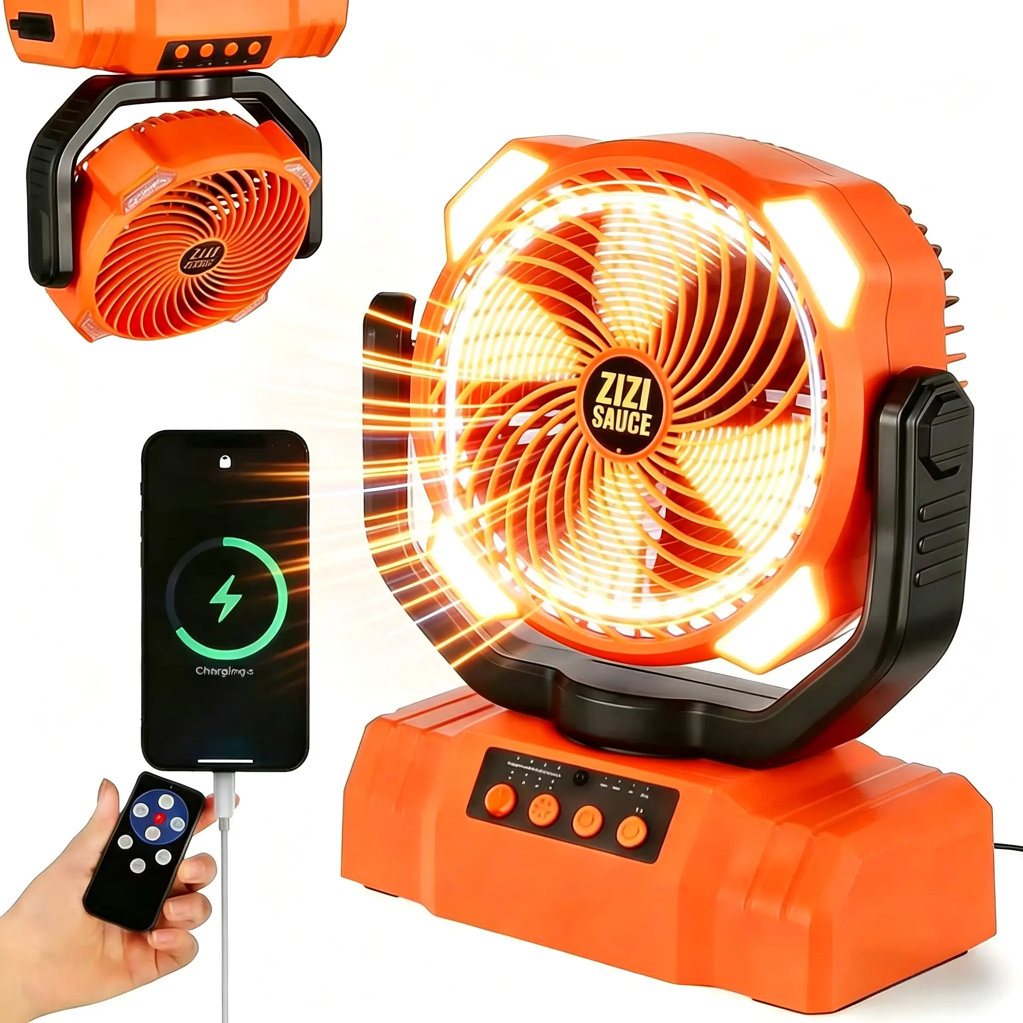 ZIZI SAUCE 3-in-1 Multifunctional Cooling Fan - Cordless Rechargeable 10000mAh, Handheld, IPX Waterproof, with LED Light, Remote Control, Kickstand, Modern Design, Outdoor Travel Rechargeable Personal Fan for Camping, Fishing