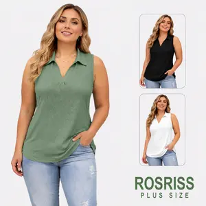 ROSRISS Womenswear Plus Size V-Neck Lapel Eyelet Tank Tops Summer Sleeveless Breathable Casual Shirts Tunics Tees, RPS2097, Summervibes, Outdoorfun women's clothes outdoorfun