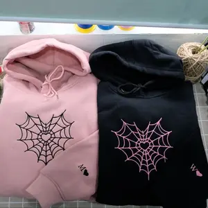Spider Web Couples Matching Valentine's Embroidered Hoodie, Custom Initial Heart Crewneck, Anniversary Gift, Personalized Heart Name Sleeve P