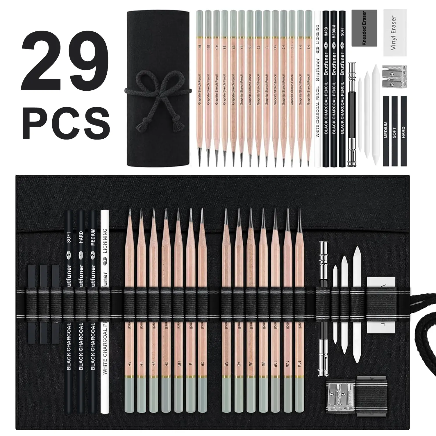 29 Pro Sketching Drawing Pencils Set with Roll-Up Nylon Case – Art Drawing Supplies Art Materials Art Supply – 14 Graphite Pencils (14B–5H), Charcoal Pencils, Erasers, Sharpener & Stumps – Complete Art Kit for Artists & Enthusiast