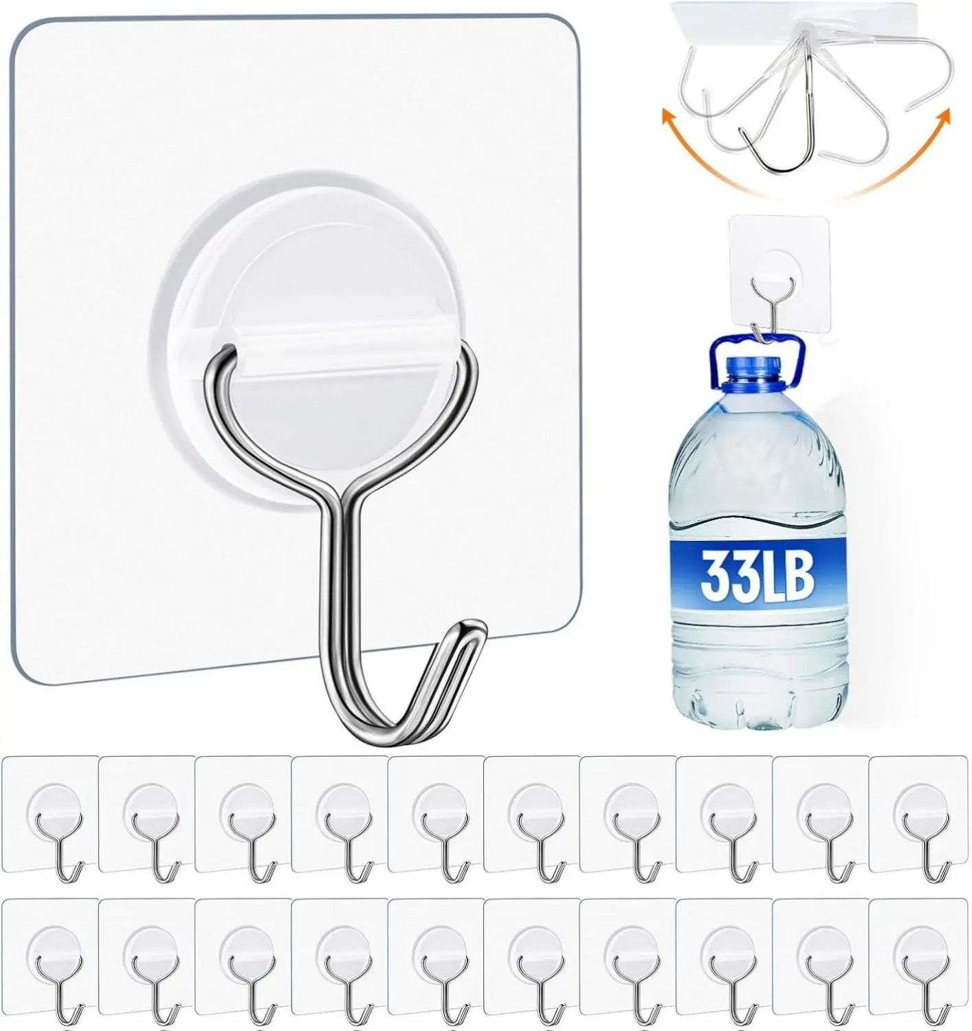20-Pack Transparent Adhesive Hanging Hooks, Heavy-Duty 33lb Max Easy-Install Sticky Hooks, Waterproof Rustproof for Bathroom, Kitchen Home Improvement, Adhesive Hook Hooks