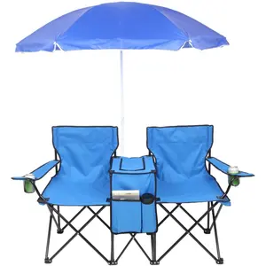 【Father's Day Gift】Outvita Folding Double Camping Chair w/Umbrella Beverage Holder Carrying Bag Cooler Fold Up Table, Large Bearing Capacity for Beach Patio Pool Park Outdoor Blue