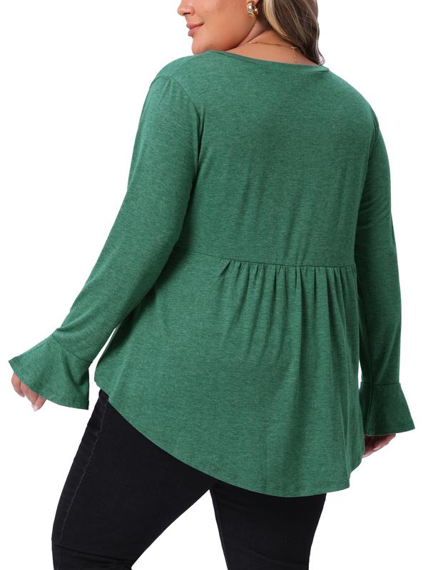 Agnes Orinda Women Plus Size Long Sleeve Shirts Flared Sleeves Pullover Dressy Casual Peplum Tops Green