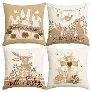 4pcs Happy Easter Decoration Three Little Rabbits Easter Egg Bow Detail Pillowcase, Grey Brown Warm Soft Decorative Cushion Cover, Suitable for Home, Office, Sofa, Bed, Festival Decoration (No Pillow Core)