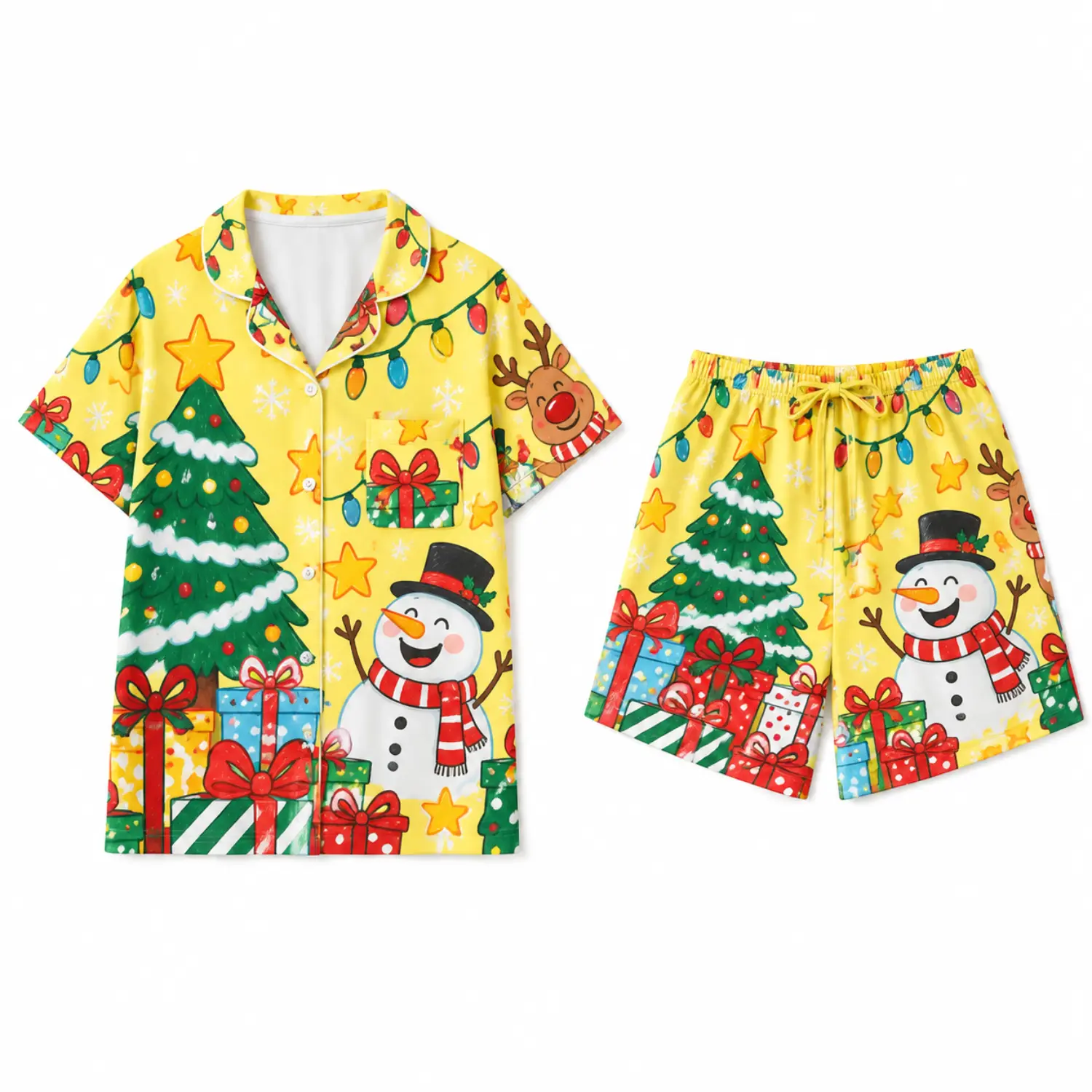 Christmas Cartoon Pajama Set with Short-Sleeve Button-Up Shirt and Elastic-Waist Shorts, Festive Holiday Sleepwear