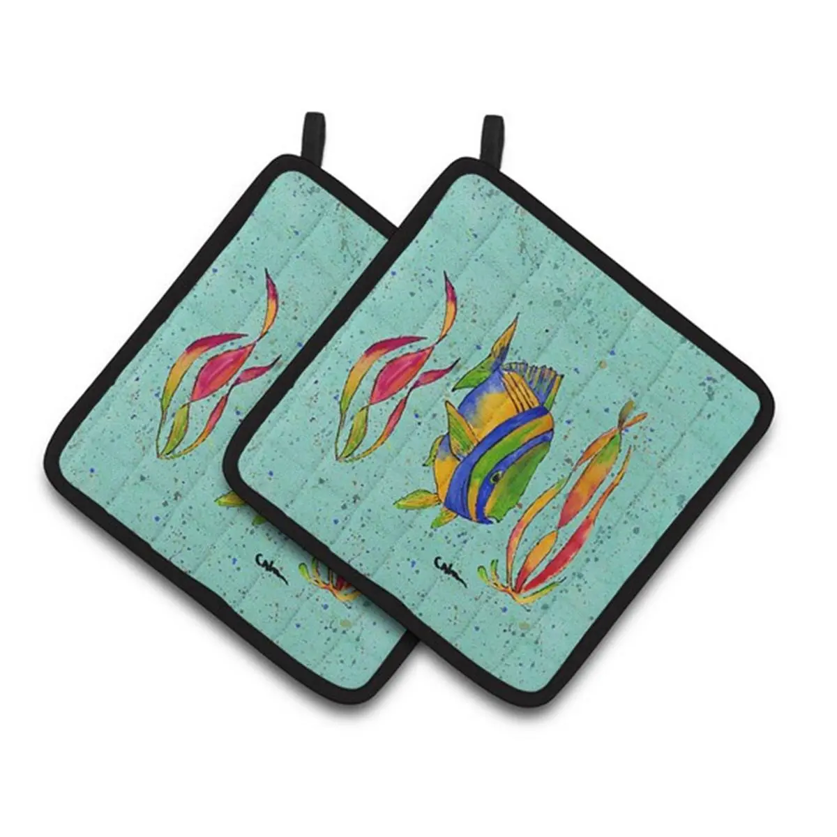 212 MAIN Tropical Fish Pot Holders (Pair) - 7.5x3x7.5in, Insulated Polyester Fabric, Heat Resistant, Black Trim, Colorful Animal Art, Thick Indoor Kitchen Tableware Accessory for Thanksgiving