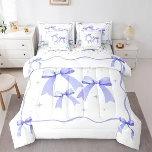 Feelyou 7-Piece Purple Ribbon Bow Microfiber Bedding Set - Soft Microfiber Blanket, Coquette Comforter, Matching Sheets, Princess-Style Girly Decor for Kids/Teens, Kawaii Preppy Design