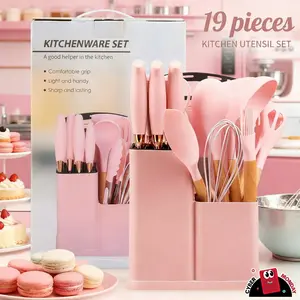 19PcsKitchenKnifeSet withHeat-ResistantSiliconeCutlery&Wooden Handles -includesChef Knife,Non-Stick CompatibleTools,Easy toClean-ldealGiftforWomenonNewYearValentine's Day&MoreCookware non stick pots&pansPinkStylishLadle Nonstick blackfridaydealTongs
