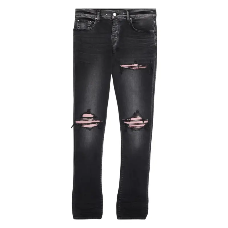 Amiri MX1 Men's Skinny Jeans in Black Stretch Denim with Pink Salmon Suede Leather Patches, Hand-Distressed Rock Style, Menswear, Pocket, Knee Patches, Distressed Rip, Distressed Look