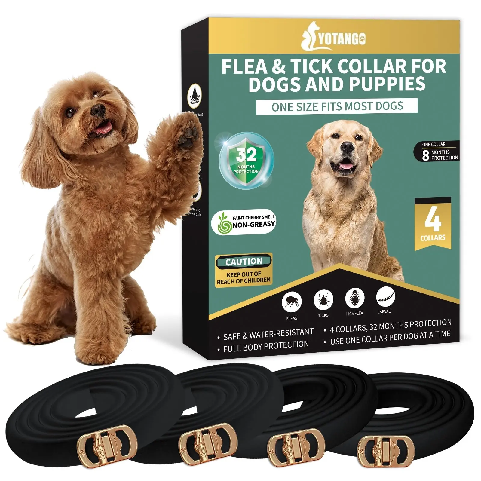 YOTANGO 4 PCS Flea and Tick Collar for Dogs, 32 Months Protection Waterproof & Adjustable Dog Treatment Collar, Flea and Tick Prevention for Dogs & Puppies (Black)