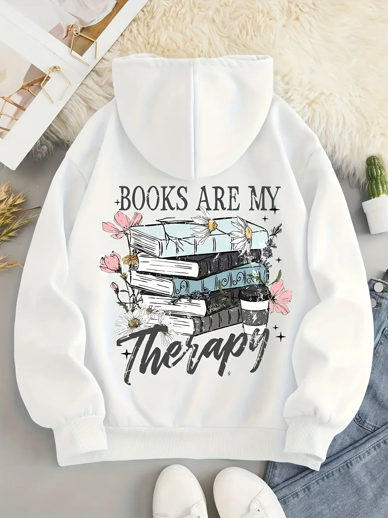 Books Are My Therapy Book Lover Graphic Hoodie 100% Cotton Unisex Oversized Pullover Sweatshirt Vintage Floral Book Print