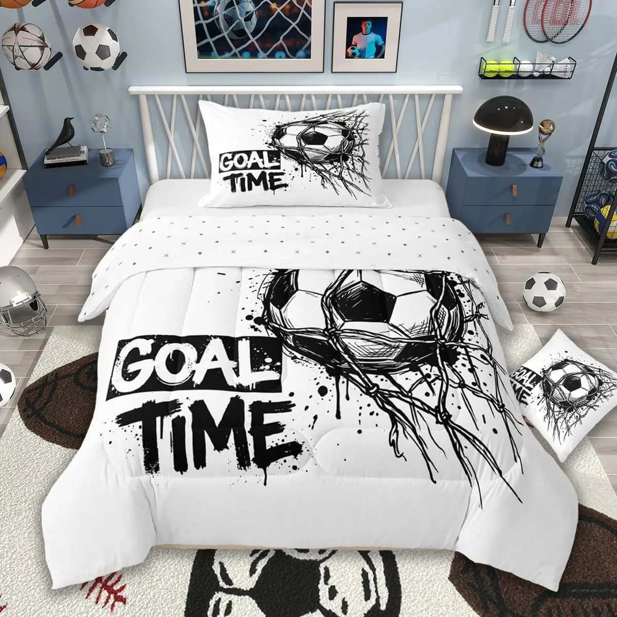 Soccer Comforter Set All Season Football Sports Bedding Set Soccer Ball Game Microfiber Bedclothes Bedroom Decor Duvet Quilt Breathable Soft Lightweight