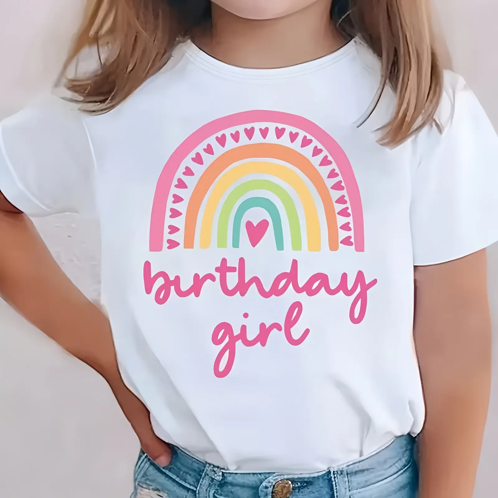 Girls' White T-Shirt with Colorful Rainbow & "Happy Birthday Girl" Print - Soft Cotton, Round Neck, Short Sleeve, Casual & Festive Design for Spring/Summer, Birthday Party Outfit | Playful Graphic Tee | Comfortable Fit
