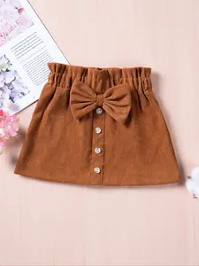 1pcsGirls' Spring & Fall Half-Sleeve Dress, Casual Versatile Pure Color Bow Single-Row Button Fashion Children Short Skirt