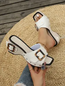 Women's Tortoiseshell Buckle Braided Wedge Sandals, Casual Commuter Shoes, Vintage Soft Sole Open-Toe Flip Flops, Comfortable and Versatile