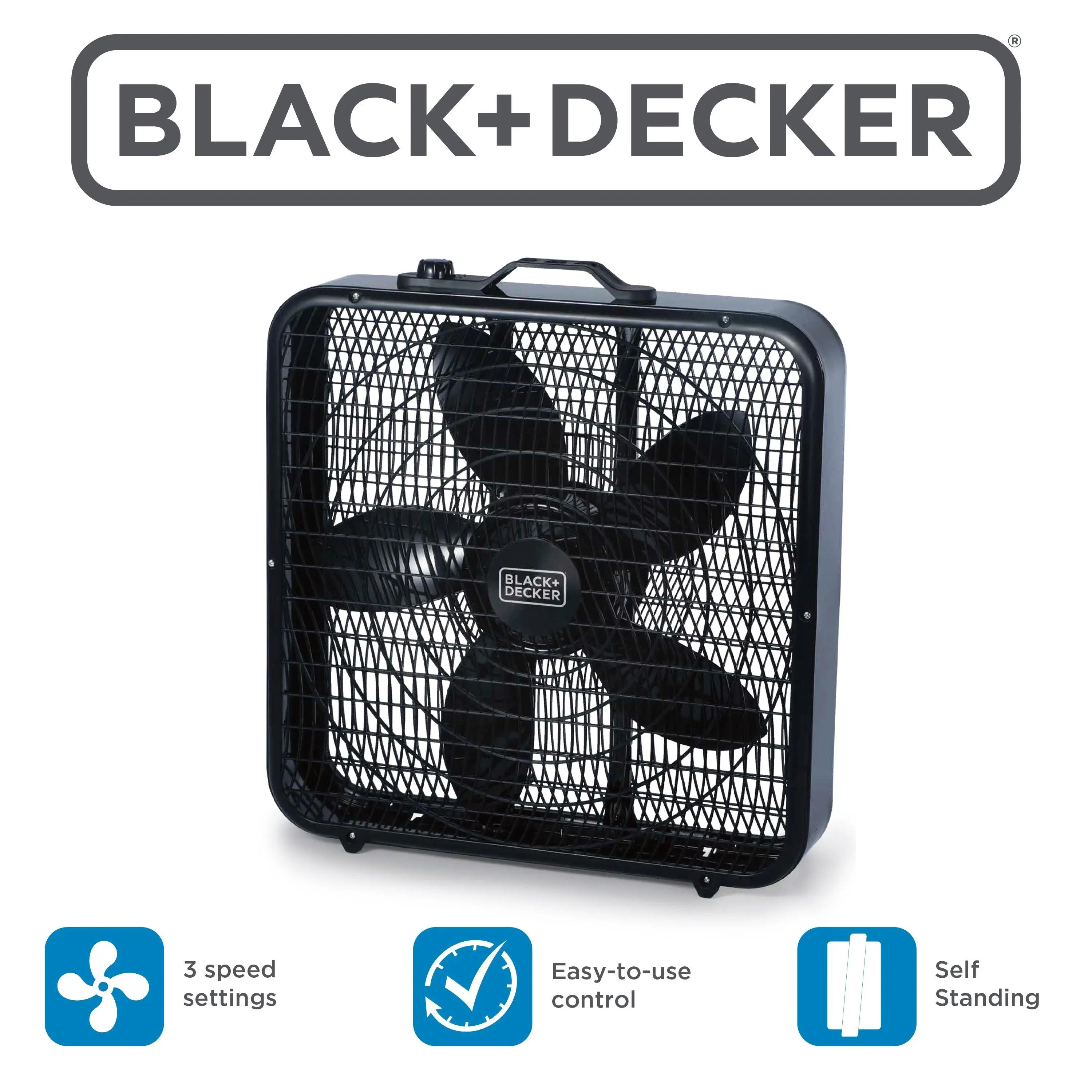 BLACK+DECKER 20” Adjustable Copper Motor Box Fan - 3 Speed Settings, 80W Powerful Cooling Airflow, 5-Blade Lightweight Portable Space-Saving Fan with Carry Handle & Mechanical Knob, for Home, Garage, Beat the Heat, BFB20SB, Black