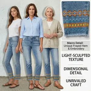 MHZ Tribal Embroidery Raw Hem Mid Rise Straight Leg Crop Jeans Women's Fashion Casual Denim Pants with Unique Frayed Hem & Embroidery