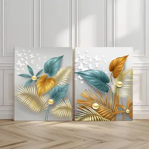 2pcs Tropical Leaves Wall Art, Poster, Colorful Butterflies Art Prints, Butterfly Print, Home Decor, Modern Home Decoration, Modern Wall Paintings, Decor for Living Room, Bedroom, With Frame