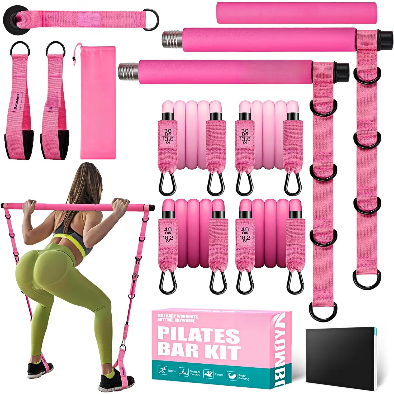Pilates Bar Kit with Resistance Bands, Pilates Workout Equipment for , , , Arm, Squats Exercise Equipment for Home Workouts, Adjustable 3-Section Pilates Bar Kit for Women & Men