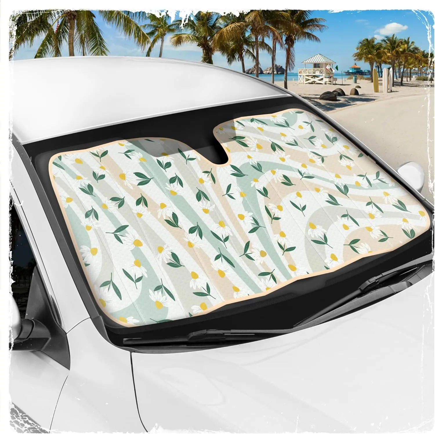 C&C California Floral Accordion Car Sunshade for Front Windshields - Universal Fit Windshield Shade Protector, 57x27 Inches Car Exterior Accessory, Car Sunshades For Windshield