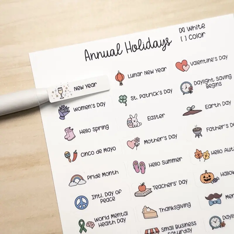 Global Holidays Sticker Sheet – Hobonichi Cousin A5 – Annual Celebrations & Birthdays – White or Color Background