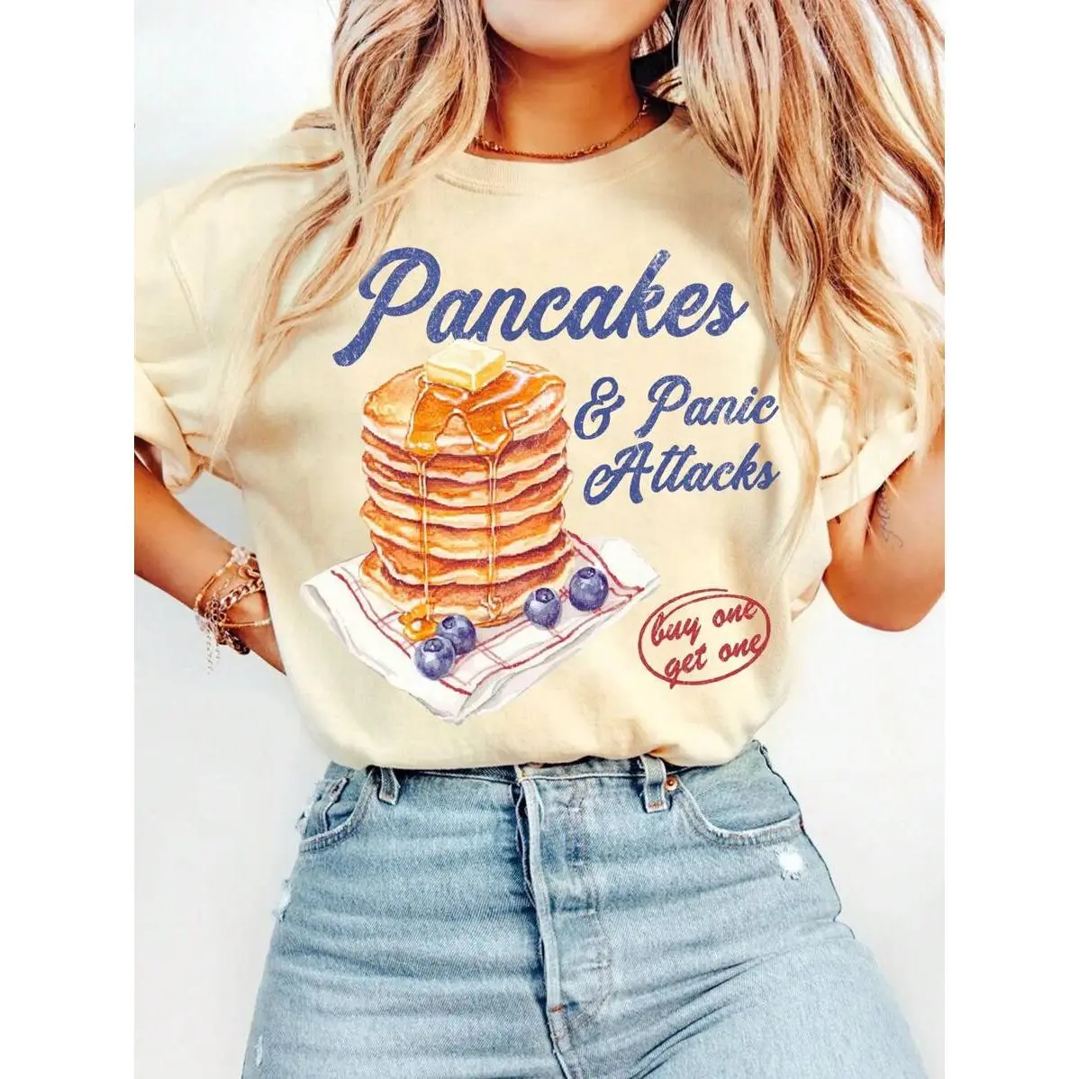 INAWLY Women’s Vintage Mental Health Graphic Crew Neck T-Shirt - Funny “Pancake And Panic Attack” Print, Suitable for Day Wear, Loungewear, Nightwear, Jackets & Cardigans Pairing Tops