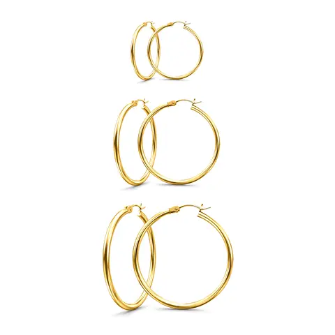 Women's Stackable Earrings Set - 3-Pair Assorted Mixed 20/30/40mm Elegant Hoops, 14K Real Gold Plated, 925 Sterling Silver Post, Hypoallergenic Daily Jewelry, Adult Female Accessories, Girlfriend Gift