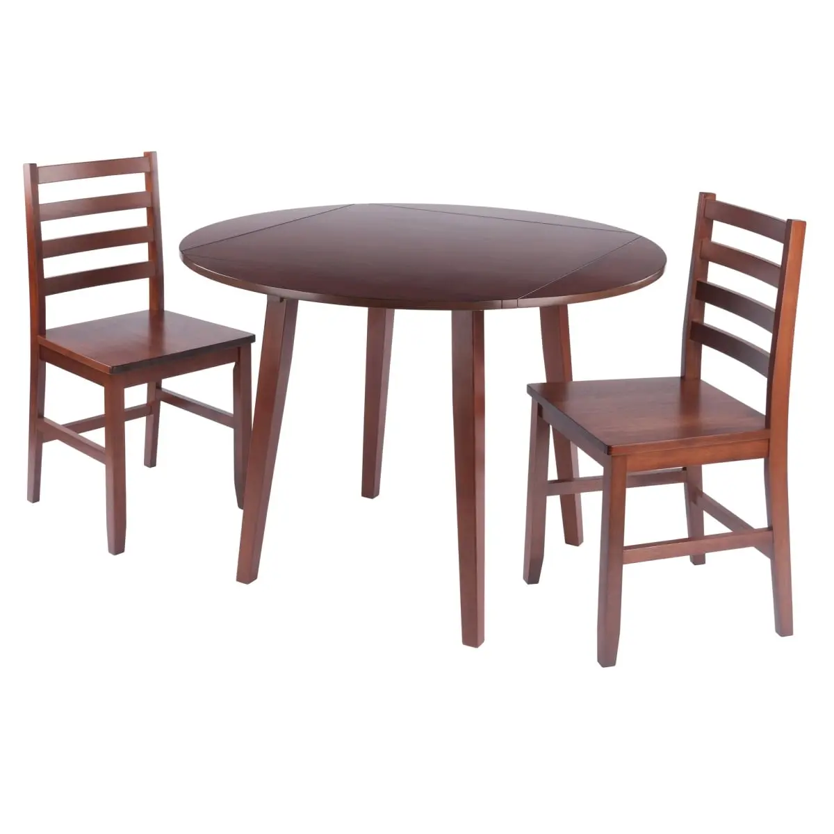Winsome Wood 3-Pc Indoor Dining Room Table Chairs Set - 94323 Dawson Drop Leaf Wood Table (100lbs, 43.31' Diameter, 3-Crossbars on Legs), Ladder-Back Chairs, Walnut Finish