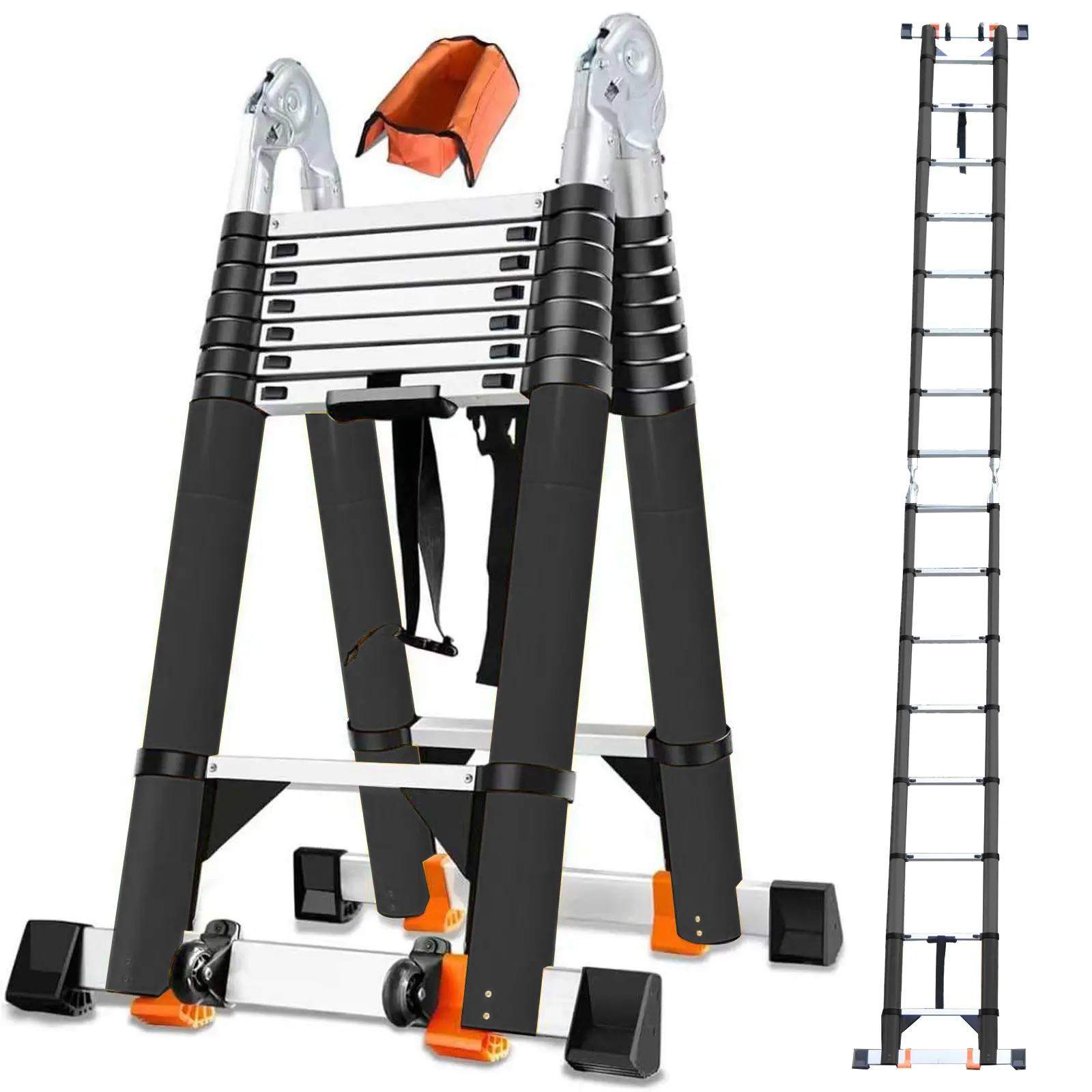 NUNET 20FT A Frame Telescoping Ladder, Portable Type-A Collapsible Extension Ladder w. Double Balance Bars, Securing Straps, Wheels & Tools Bag, EN131 Certified Step Ladder (8+8Foot Step) (2026 Upgraded)