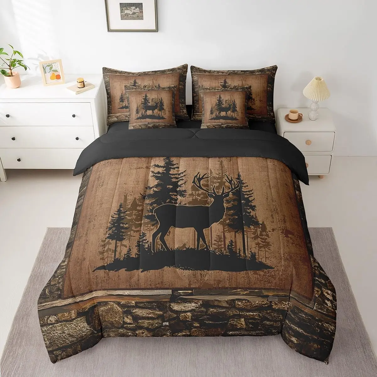 Feelyou 7-Piece Breathable Western Bedding Set - Rustic Hunting Deer Microfiber Bedding with Brown Decorative Bedsheet Sets, Cabin Lodge Farmhouse Animals Themed Cozy Setup, Smooth Fabric Multi-Size Bed in a Bag