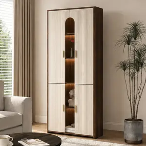 ARCH Display Cabinet with Doors and LED Lights, Tall Bookcase for Collectibles, Glass Door Storage Cabinet for Living Room Bedroom Office, Particle Board Brown Beige, 11.8W x 31.5D x 68.9H in, Brown+Beige Color Options, Particle Board Material