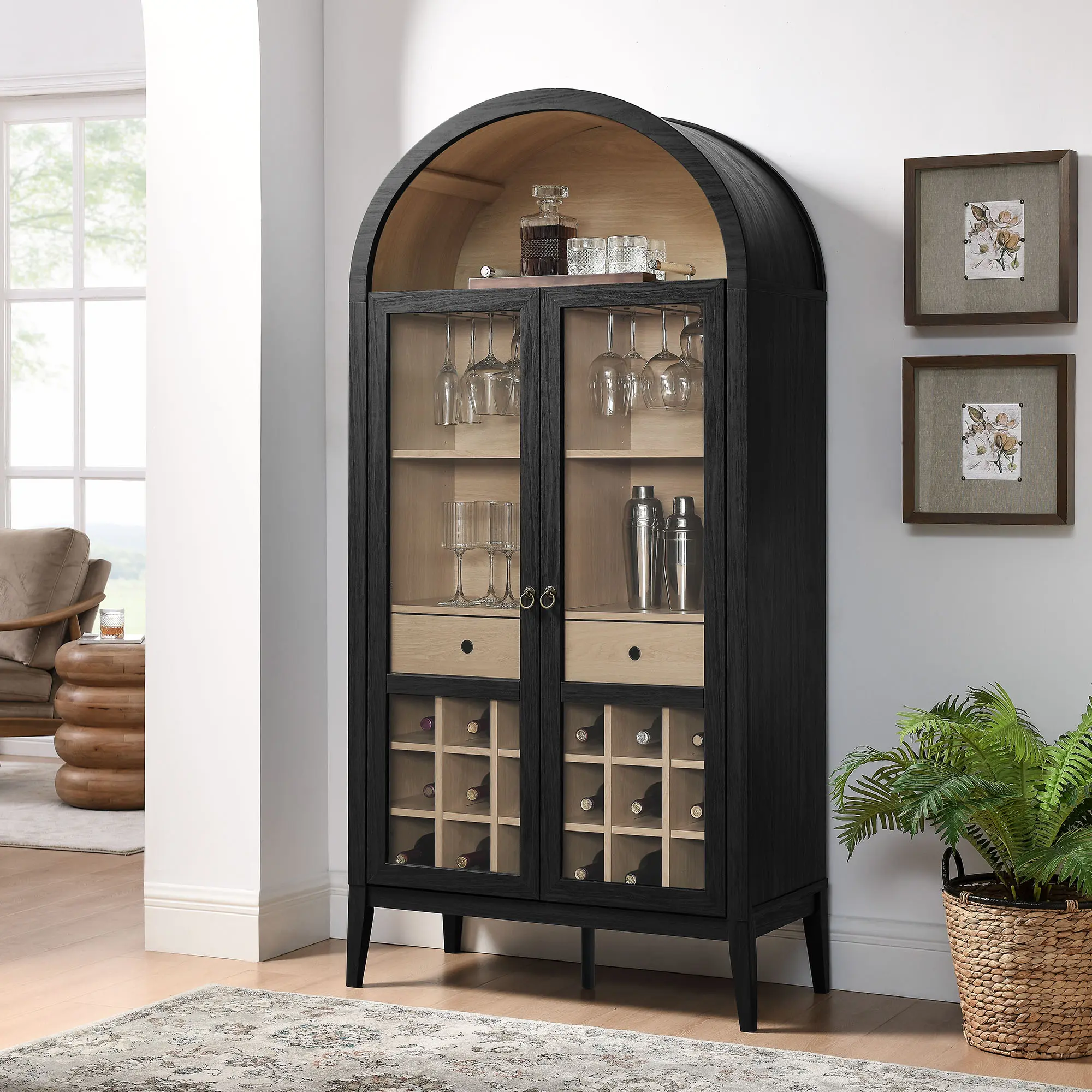 Nolan Arched Black Bar Cabinet - Arched Storage Unit, Farmhouse Corner Piece for Home Bar Use, Arched Storage Cabinet
