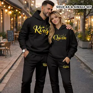 Couple's “King” and “Queen” Crown Print Hoodie and Sweatpants Set(Sold as a Single Set), Casual Sportswear, Long-Sleeve Hooded Jacket and Pants, Suitable for Autumn, Winter, and Spring, Everyday Wear, Tracksuit